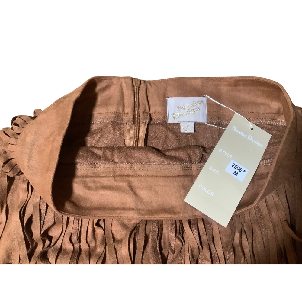 Neslay Design Faux Suede Fringe Mini Skirt Camel Brown Western Boho 2506 M #495 - Picture 2 of 2